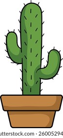 Potted cactus with two curved arms, green body, black spines, and a brown terracotta pot