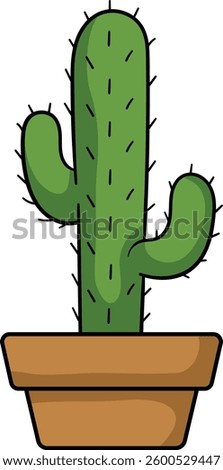 Potted cactus with two curved arms, green body, black spines, and a brown terracotta pot
