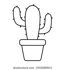 Potted cactus vector illustration. Hand-drawn succulent plant outline in doodle style. Black line art isolated on white background.