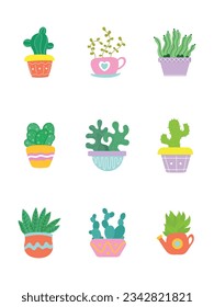 potted cactus vector illustration isolated on white background. indoor and outdoor plant vector set. Vector set green plant in pot, illustration of flowerpot bloom. set of potted Succulent.