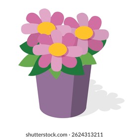 Fleurs roses de dessin animé en pot dans un vase violet. Style isométrique. Illustration vectorielle. Élément pour les cartes de voeux, les infographies de jardinage, le branding floral et les blogs de style de vie. Isolé sur blanc.