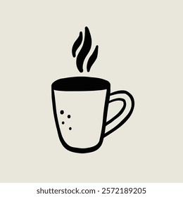 Potted Ceramic Coffee Cup with Steam. Tea Mug Sketch Black Line Symbol. Stylized Whimsical Hand Drawn Vector Element Decor