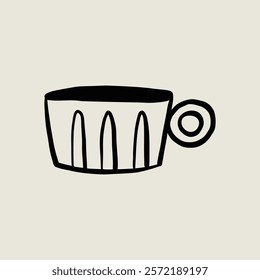 Potted Ceramic Coffee Mug. Tea Cup Sketch Black Line Symbol. Stylized Whimsical Hand Drawn Vector Element Decor