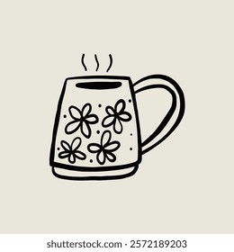 Potted Ceramic Tea Cup. Coffee Mug Sketch Black Line Symbol. Stylized Whimsical Hand Drawn Vector Element Decor