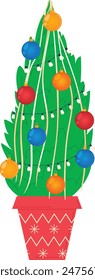 Potted Christmas tree adorned colorful baubles, festive lights. Small decorated evergreen plant suitable holiday decorations, indoor use. Red pot festive patterns, green tree isolated