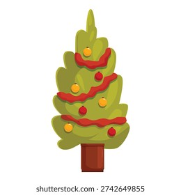 Potted christmas tree decorated with red and orange balls and ribbons, bringing festive cheer to the holiday season