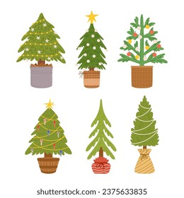 Potted Christmas Trees Bring Festive Charm To Any Space. Compact And Reusable, These Mini Evergreens Add Holiday Magic, Decorating Joy, And A Touch Of Nature Indoors. Cartoon Vector Illustration