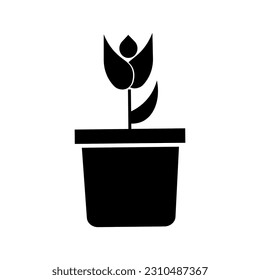 Potted and core values plant. Eco plant. Plant with three leaves and flower on a pot. Potted houseplant. Silhouette Of Simple Decorative. 