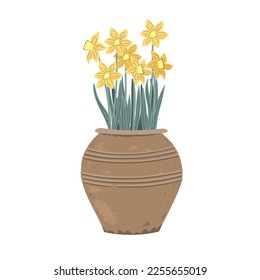 Topftrockenpflanze. Erste Frühlingsblumen in einem Vintage-Tontopf. Vektorgrafik einzeln auf weißem Hintergrund