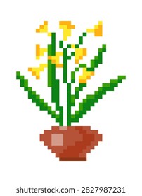 Potted daffodil with tall leaves and bell blooms rendered in chunky 8‑bit blocks. Symbol of spring growth, home decor, retro game vibe, and nostalgia. Cartoon vector illustration.