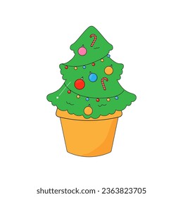 potted eco Christmas tree . Decorated with toys. groovy xmas. 