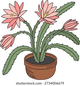 A potted Epiphyllum cactus, centered and against a white background, is depicted in a cartoon-style illustration. The plant features multiple long, flat, segmented, green stems with serrated edges and several large, bright