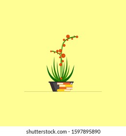 Potted flower and books. Flat painting. Vector illustration