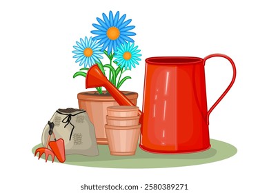 Potted flower, clay pots, watering can and bag with soil on white background. Houseplant transplant  into new flowerpot.Home garden and grow houseplants concept.Gardening items set.Vector illustration