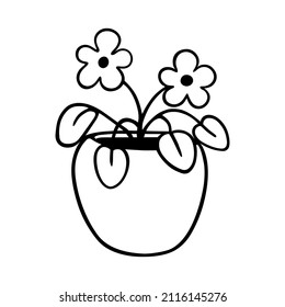 Potted flower in  Doodle style. Isolated floral element on a white background. The outline of a violet. Contour.

