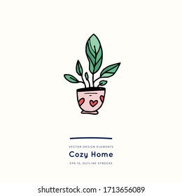 Potted flower with hearts. Vector illustration. Design for stikers, poster, social media post. Positive doodle icons, home elements. Isolated on white background.