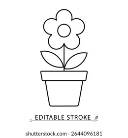 Potted flower icon in minimal line style with editable stroke. Decorative plant, home gardening symbol, indoor bloom for botanical visuals, cozy interior, natural growth and floral design themes.