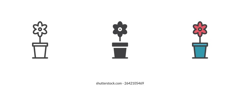 Potted flower with rounded petals shown in line, solid and filled outline icon styles. Floral vector symbol. Nature-themed decorative icon pack.