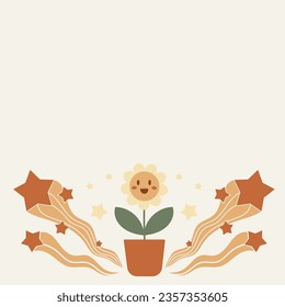 Potted flower and shooting stars. Groovy background with copy space. Retro colorful vector illustration 