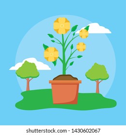 potted flower trees plants decoration gardening flat design vector illustration
