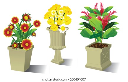 Potted Flowering Plants A Group Of Potted Plants. EPS 8 Vector Cleanly Built With No Open Shapes Or Strokes.