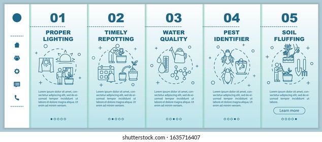 Potted flowers caring onboarding vector template. Appropriate sunlight mode. Gardening tips. Responsive mobile website with icons. Webpage walkthrough step screens. RGB color concept