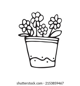 Potted flowers are drawn with a black line on a white background. Vector doodles.