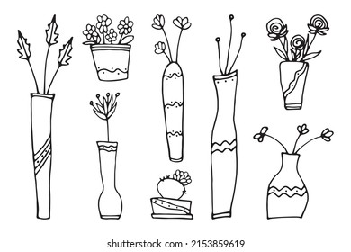 Potted flowers are drawn with a black line on a white background. Vector doodles.