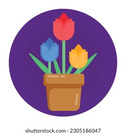 Potted flowers, flat rounded icon in editable style 