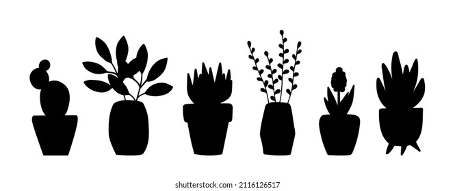 Potted flowers hand drawn silhouette. Black plants in pots and vases. Isolated vector illustration