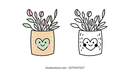 Potted flowers with heart design in colored and outline style

