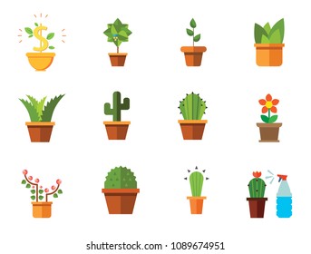 Potted Flowers Icon Set. Money Tree Cactus In Pot Cactus And Spray Bottle Plant Blooming Flower Chinese Peach Tree Cactus Red Flower Cactus In Flower Pot Tree In Pot Aloe Vera