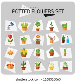 Potted Flowers Icon Set. Money Tree Cactus In Pot Cactus And Spray Bottle Plant Blooming Flower Chinese Peach Tree Cactus Red Flower Cactus In Flower Pot Tree In Pot Aloe Vera