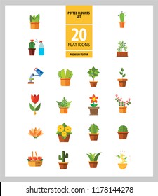 Potted Flowers Icon Set. Money Tree Cactus In Pot Cactus And Spray Bottle Plant Blooming Flower Chinese Peach Tree Cactus Red Flower Cactus In Flower Pot Tree In Pot Aloe Vera