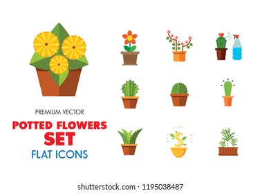 Potted Flowers Icon Set. Money Tree Cactus In Pot Cactus And Spray Bottle Plant Blooming Flower Chinese Peach Tree Cactus Red Flower Cactus In Flower Pot Tree In Pot Aloe Vera