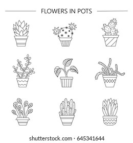 Flores en maceta. Iconos lineales. Ilustración vectorial.