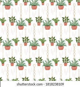 Flores picadas macrame macrame sin costura, estilo escandinavo moderno, plantas colgantes textura interminable. Ilustración del vector