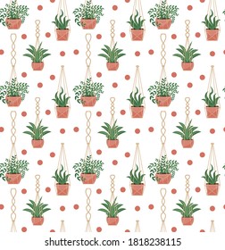 Flores picadas macrame macrame sin costura, estilo escandinavo moderno, plantas colgantes textura interminable. Ilustración del vector