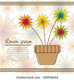 potted flowers on background of colorful flowers, vector illustration