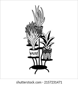 Potted flowers on a stand, home decor. Freehand drawing, linear black and white sketch. Large indoor plants outdoors. Vector illustration