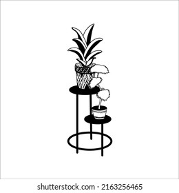 Potted flowers on a stand, home decor. Freehand drawing, linear black and white sketch. Large indoor plants outdoors. Vector illustration