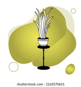 Potted flowers on a stand, home decor on a colored background. Hand-drawn, linear black-and-white sketch. Large indoor plants outdoors. Vector illustration