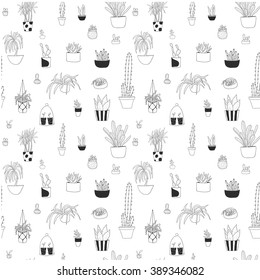 Potted flowers outline seamless pattern in black and white. Vector design.