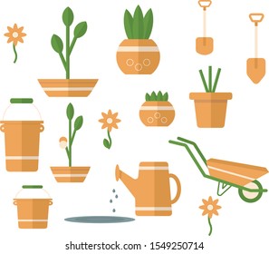 potted flowers, tools for the garden