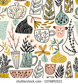 Potted flowers. Vector illustration in scandinavian style.  Hand drawn seamless pattern design for fabric or wrapping paper.