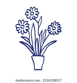 Potted gerbera or chamomile sketch. Hand drawn sketch. Blue pen or marker drawing. Primitive kids picture. Vector indoor flower in a pot.