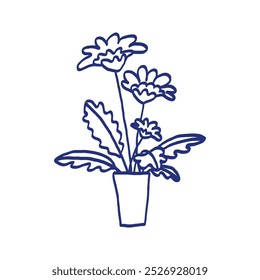 Boceto de gerbera o manzanilla en maceta. Dibujado a mano lápiz azul o dibujo de marcador. Imagen de niños primitivos. Vector de flores de interior en una maceta