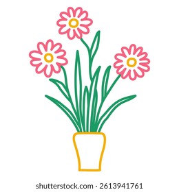 Potted gerbera or chamomile sketch. Vector indoor flower in a pot. Doodle color illustration of a plant