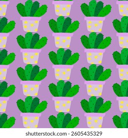 Potted Green Cactus Pattern on Purple Background