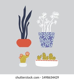 Potted home plants vector illustration set in scandinavian cartoon style